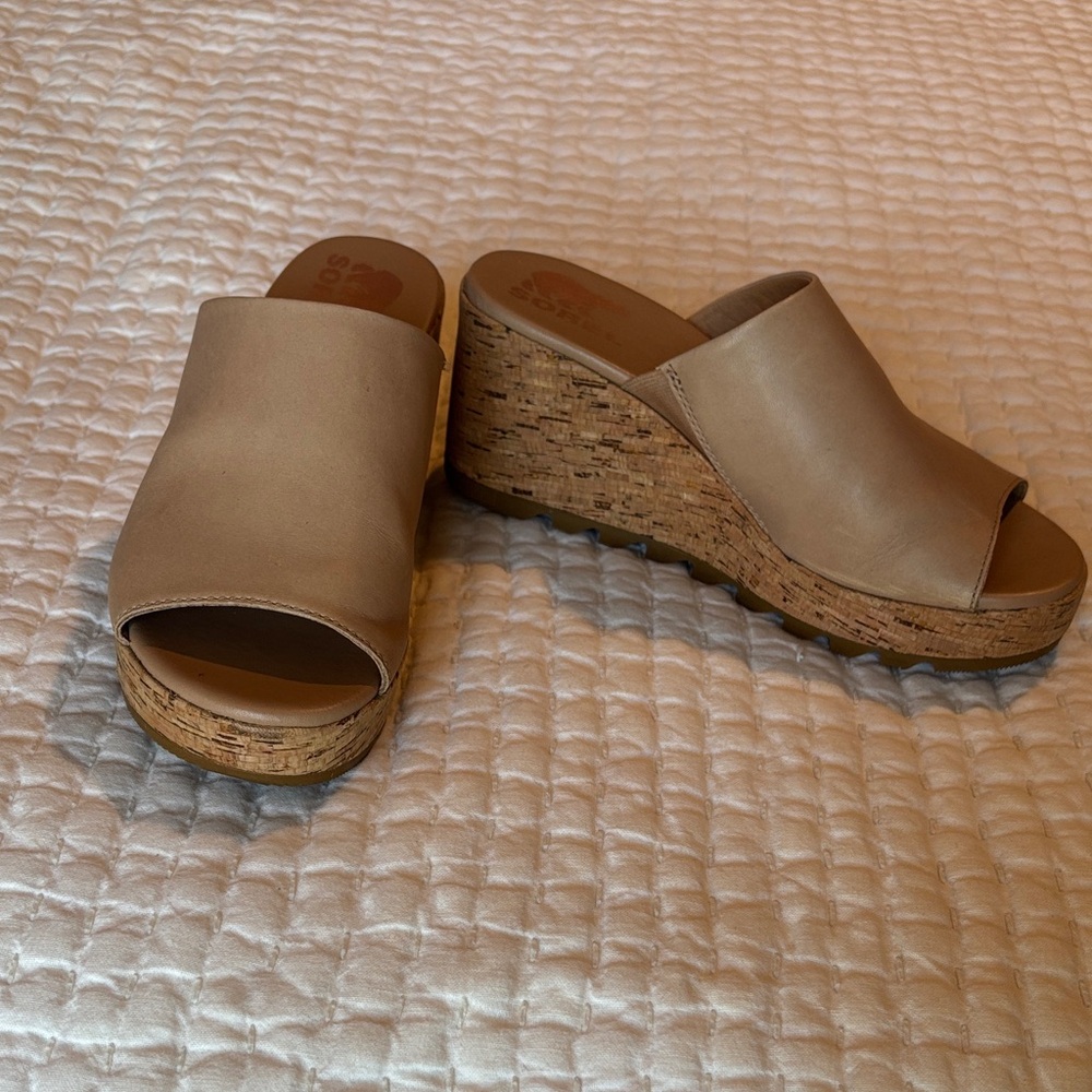 Sorel Tan Wedge Mules